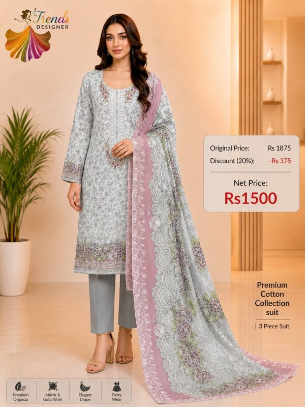 Grey and Pink Embroidered Lawn Suit with Cotton Dupatta & Trouser