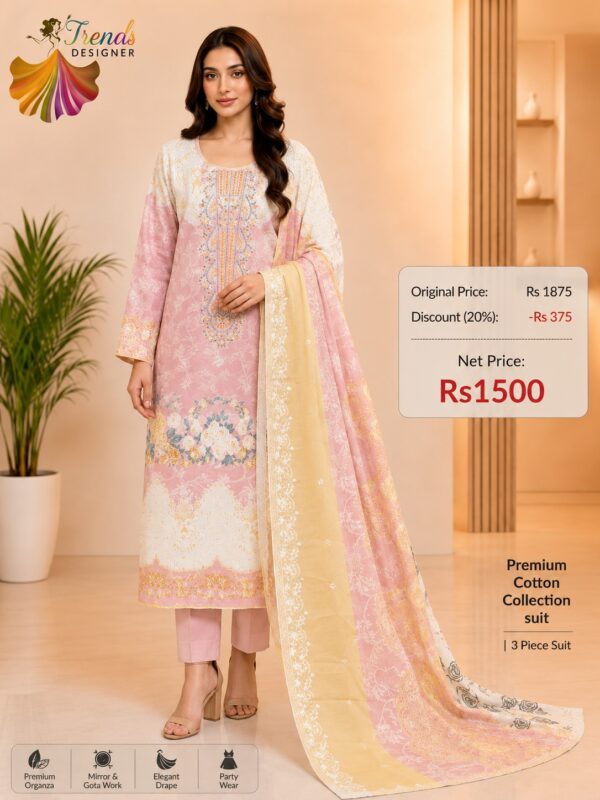 Baby Pink Embroidered Lawn Suit with Cotton Dupatta & Trouser