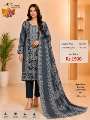 Slate Grey Embroidered Lawn Suit with Cotton Dupatta & Trouser