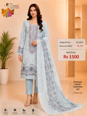 Aqua Blue Embroidered Lawn Suit with Cotton Dupatta & Trouser