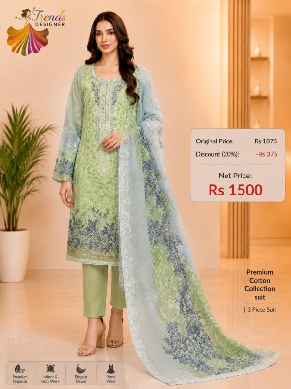 Green Embroidered Lawn Suit with Cotton Dupatta & Trouser
