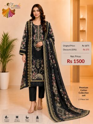 Black Embroidered Lawn Suit with Cotton Dupatta & Trouser