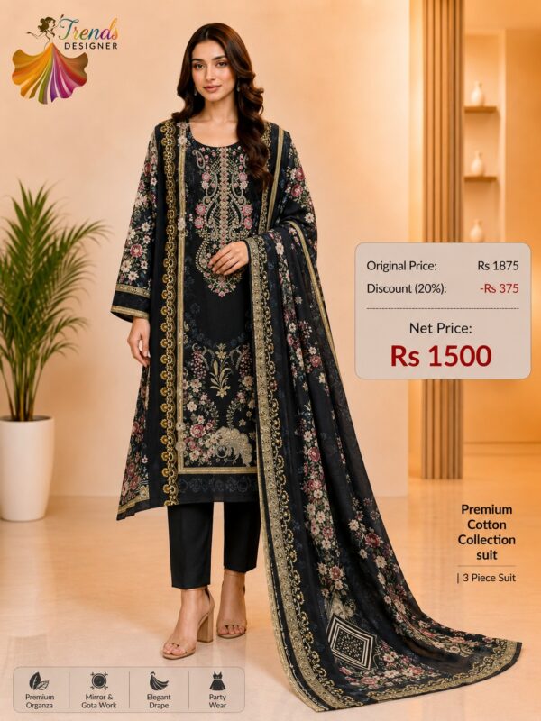 Black Embroidered Lawn Suit with Cotton Dupatta & Trouser