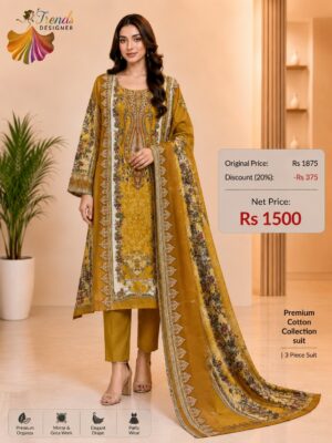 Mustard Yellow Embroidered Lawn Suit with Cotton Dupatta & Trouser