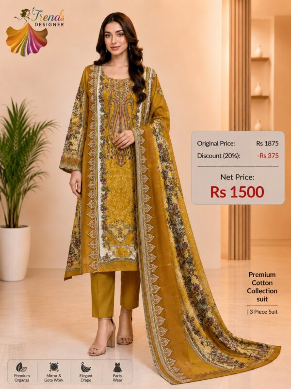 Mustard Yellow Embroidered Lawn Suit with Cotton Dupatta & Trouser