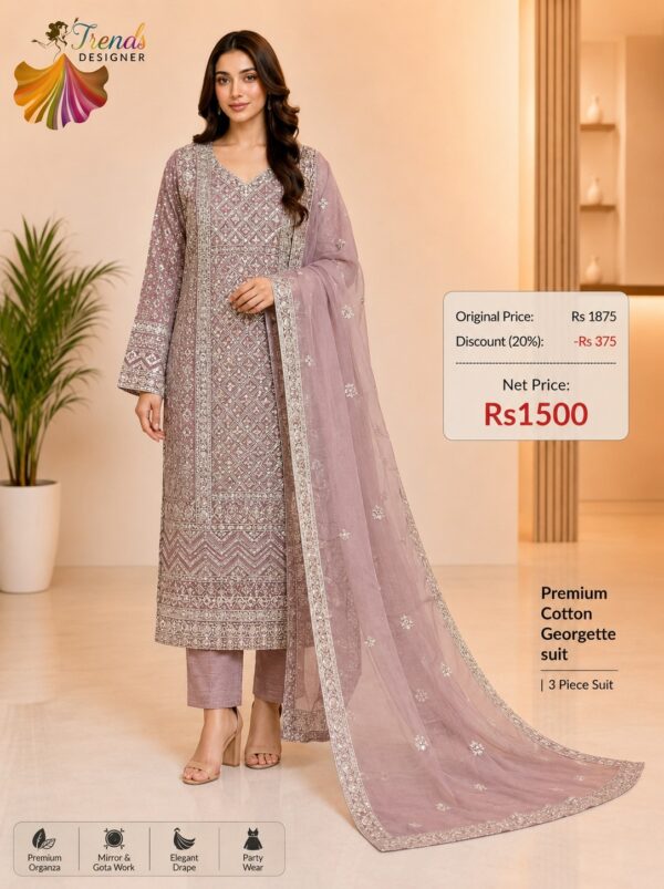 Onion Pink Designer Cotton, Georgette & Organza Suit Set – Elegant Party Wear Collection