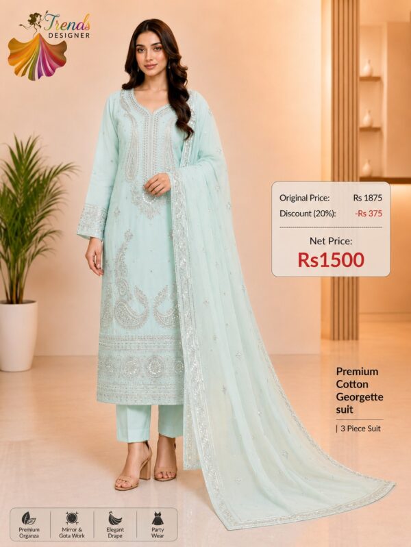 Aqua Blue Designer Cotton, Georgette & Organza Suit Set – Elegant Party Wear Collection
