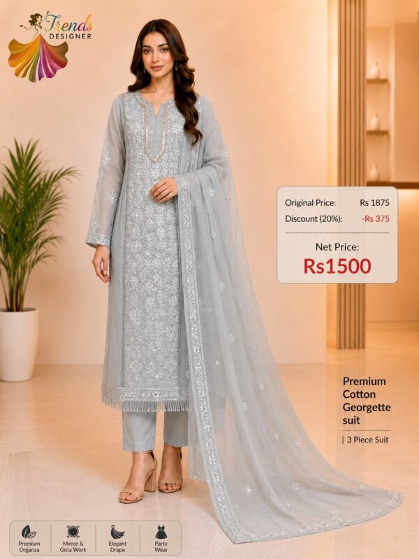 Grey Designer Cotton, Georgette & Organza Suit Set – Elegant Party Wear Collection