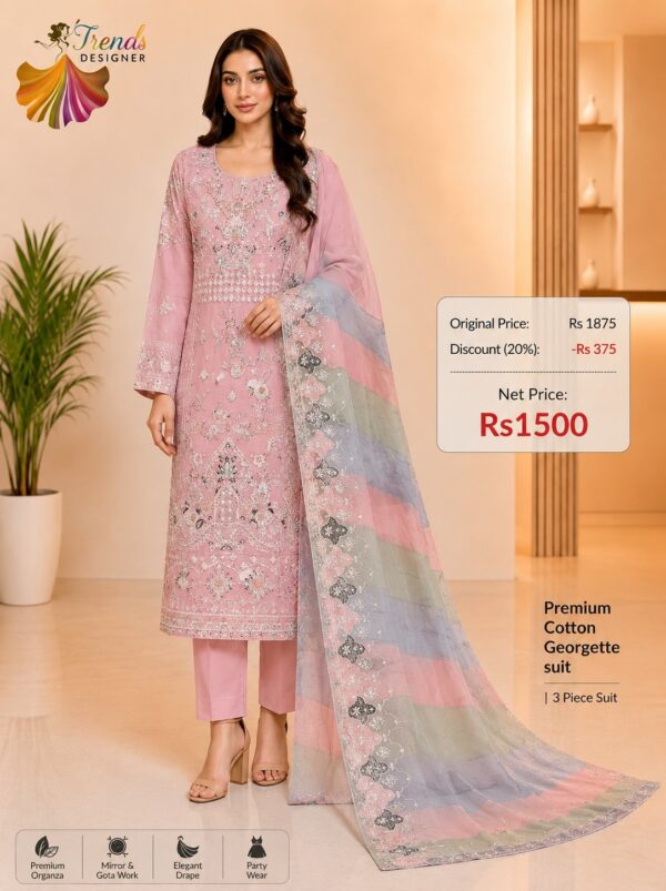 Pastel Pink Designer Cotton, Georgette & Organza Suit Set – Elegant Party Wear Collection