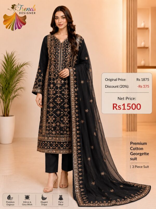 Black Designer Cotton, Georgette & Organza Suit Set – Elegant Party Wear Collection