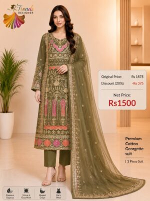 Olive Green Designer Cotton, Georgette & Organza Suit Set – Elegant Party Wear Collection