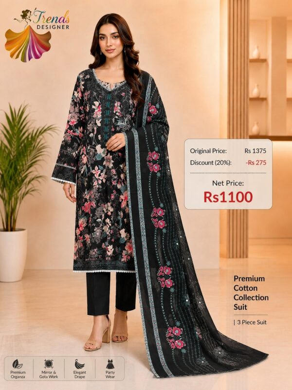 Black Ready-Made Printed Cotton Suit Set with Cotton Dupatta