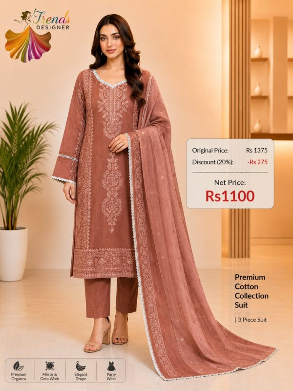 Brown Ready-Made Printed Cotton Suit Set with Cotton Dupatta