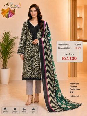 Cream with Black Ready-Made Printed Cotton Suit Set with Cotton Dupatta