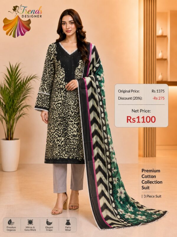 Cream with Black Ready-Made Printed Cotton Suit Set with Cotton Dupatta