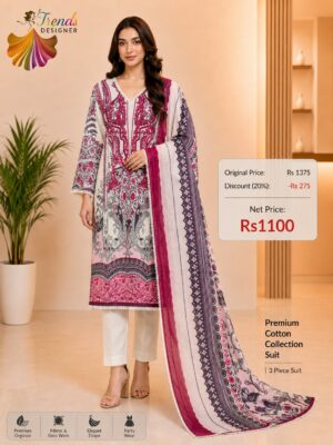 Cream and Magenta Ready-Made Printed Cotton Suit Set with Cotton Dupatta