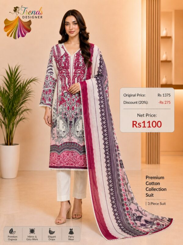 Cream and Magenta Ready-Made Printed Cotton Suit Set with Cotton Dupatta