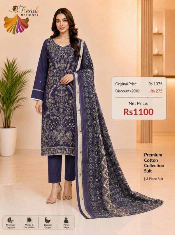 Purple Ready-Made Printed Cotton Suit Set with Cotton Dupatta