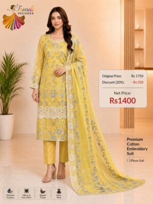 Yellow Pure Cotton Embroidered Suit with Kota Check Dupatta