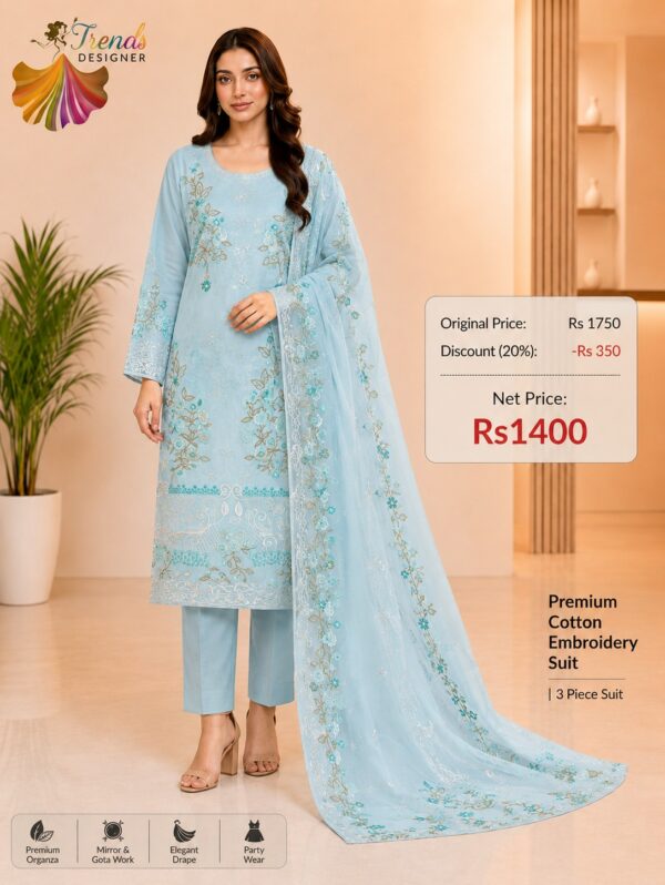 Sky Blue Pure Cotton Embroidered Suit with Kota Check Dupatta