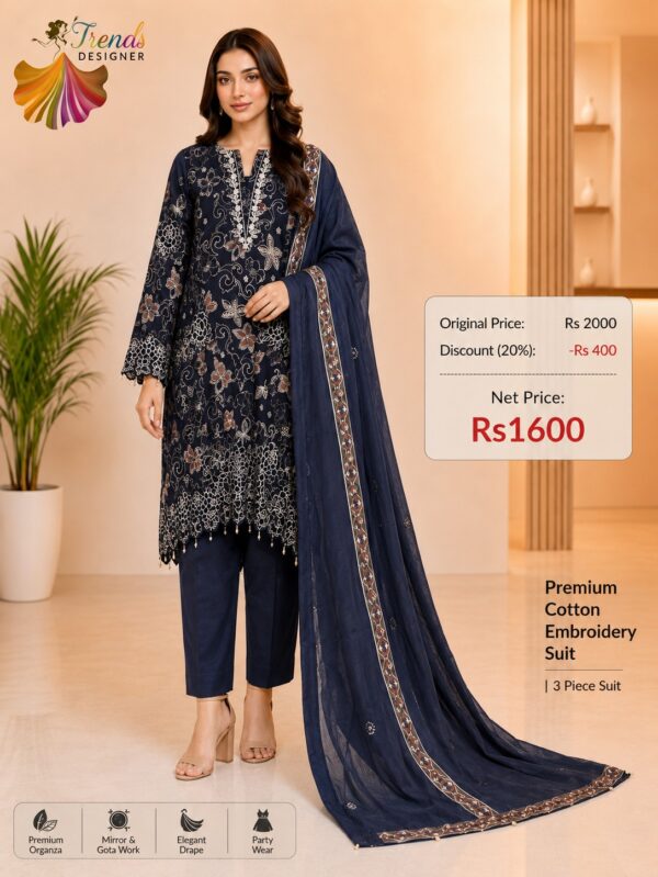 Navy Blue Premium Heavy Rayon Printed Suit Set with Muslin Dupatta