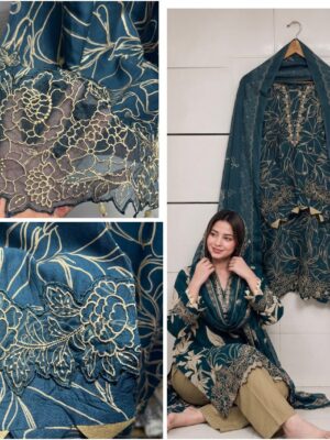 Teal Blue Premium Heavy Rayon Printed Suit Set with Muslin Dupatta