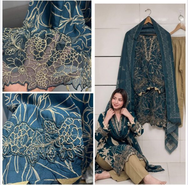 Teal Blue Premium Heavy Rayon Printed Suit Set with Muslin Dupatta