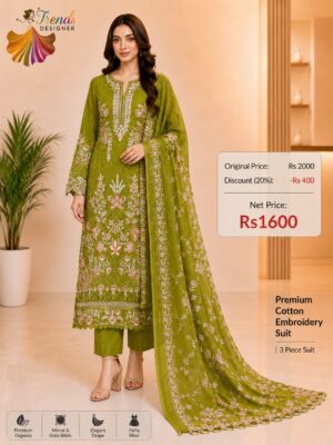 Green Heavy Embroidered Cambric Cotton Semi-Stitched Suit with Kota Checks Embroidered Dupatta