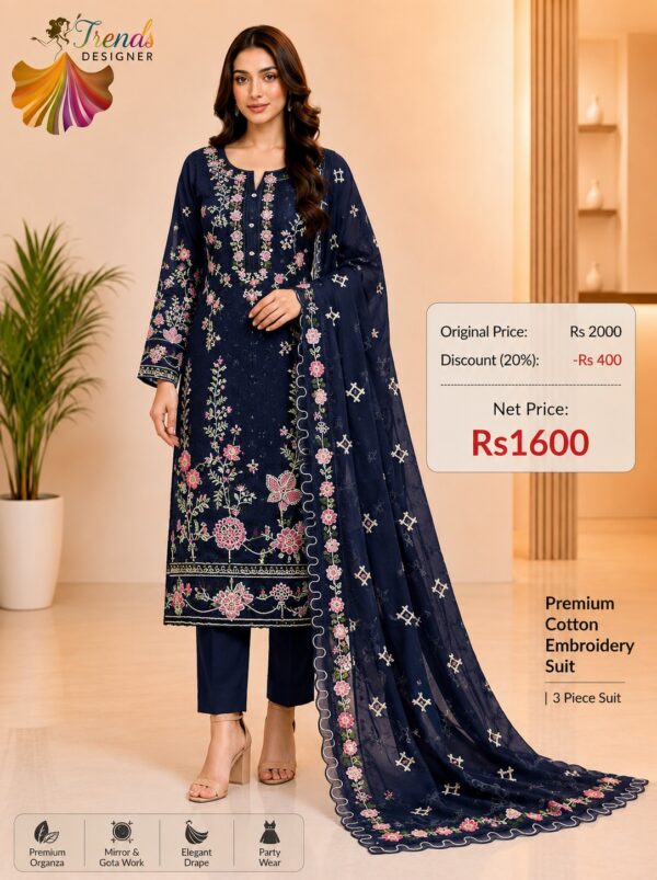 Royal Blue Heavy Embroidered Cambric Cotton Semi-Stitched Suit with Kota Checks Embroidered Dupatta