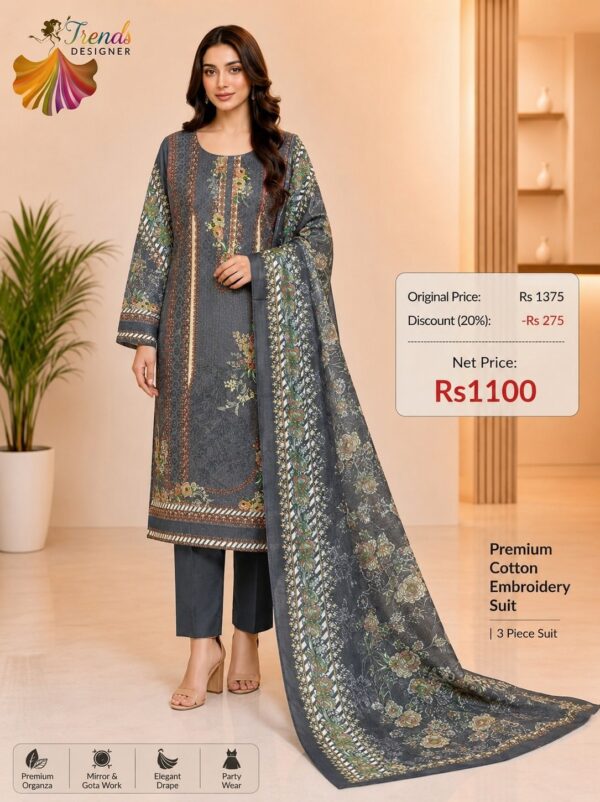 Grey Embroidered Cotton Suit with Digital Dupatta