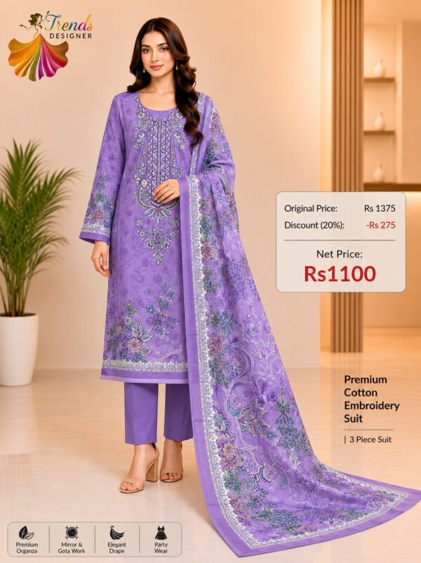 Purple Embroidered Cotton Suit with Digital Dupatta