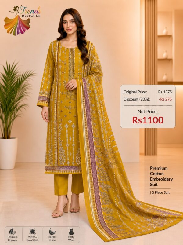 Golden Yellow Embroidered Cotton Suit with Digital Dupatta