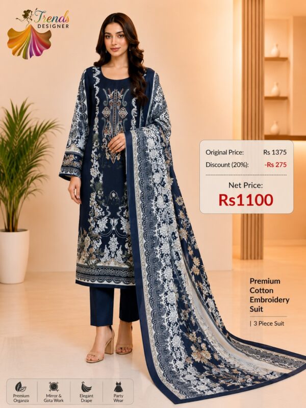 Navy Blue Embroidered Cotton Suit with Digital Dupatta