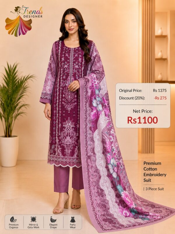 Dusty Rose Embroidered Cotton Suit with Digital Dupatta