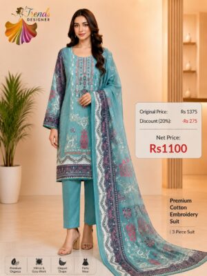 Sea Green Embroidered Cotton Suit with Digital Dupatta