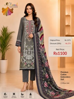 Grey and Black Embroidered Cotton Suit with Digital Dupatta
