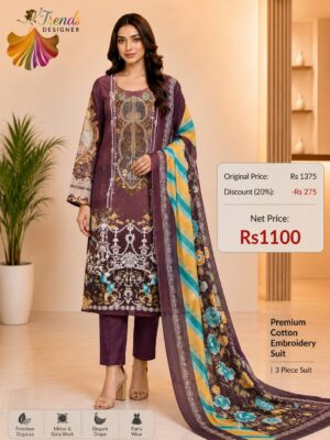 Wine Embroidered Cotton Suit with Digital Dupatta