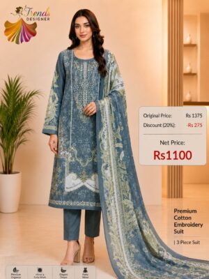 Blue Grey Embroidered Cotton Suit with Digital Dupatta