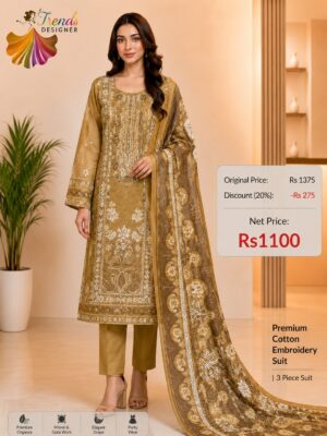 Light Brown Embroidered Cotton Suit with Digital Dupatta