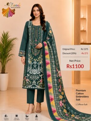 Teal Green Embroidered Cotton Suit with Digital Dupatta