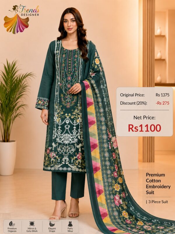 Teal Green Embroidered Cotton Suit with Digital Dupatta