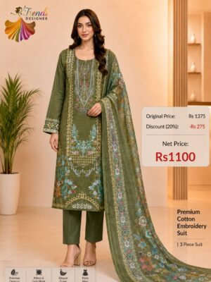 Olive Green Embroidered Cotton Suit with Digital Dupatta
