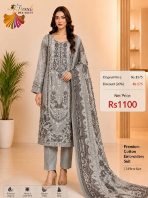 Stone Grey Embroidered Cotton Suit with Digital Dupatta