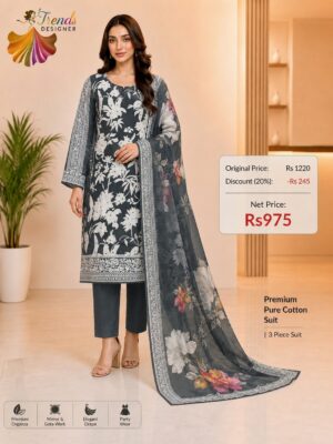 Grey with white Pure Jam Cotton Karachi Print Suit with Cotton Dupatta & Rayon Bottom
