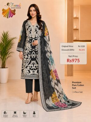 Black with white Pure Jam Cotton Karachi Print Suit with Cotton Dupatta & Rayon Bottom