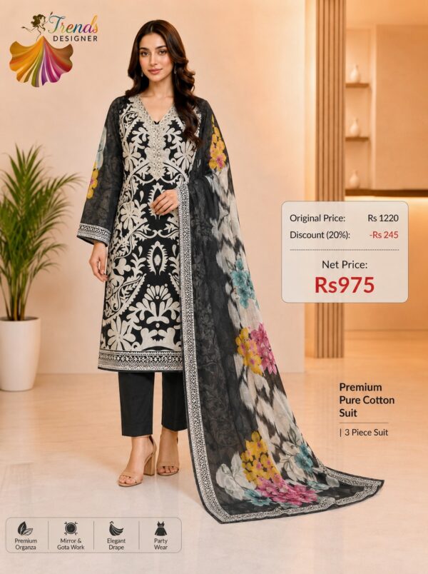 Black with white Pure Jam Cotton Karachi Print Suit with Cotton Dupatta & Rayon Bottom