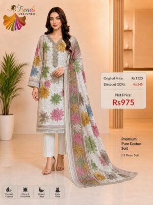 OFF-White with Multicolor Pure Jam Cotton Karachi Print Suit with Cotton Dupatta & Rayon Bottom