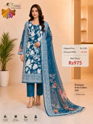 Teal Blue Pure Jam Cotton Karachi Print Suit with Cotton Dupatta & Rayon Bottom