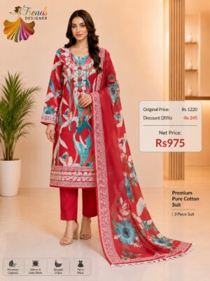 Red Pure Jam Cotton Karachi Print Suit with Cotton Dupatta & Rayon Bottom