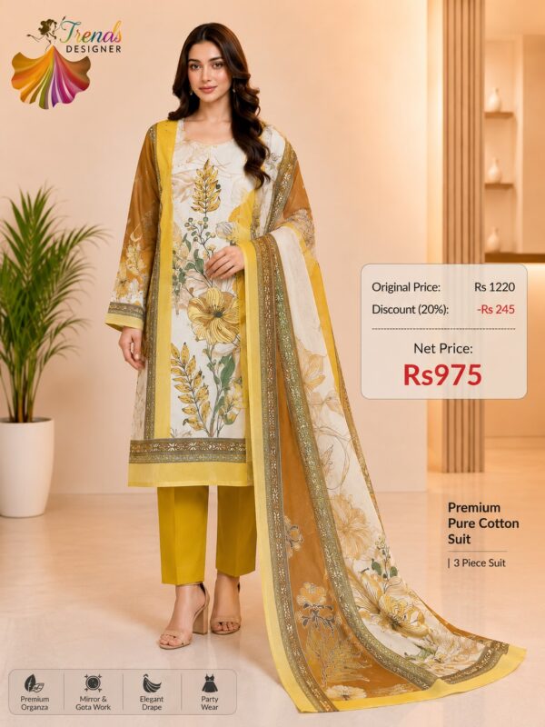Yellow with White Pure Jam Cotton Karachi Print Suit with Cotton Dupatta & Rayon Bottom
